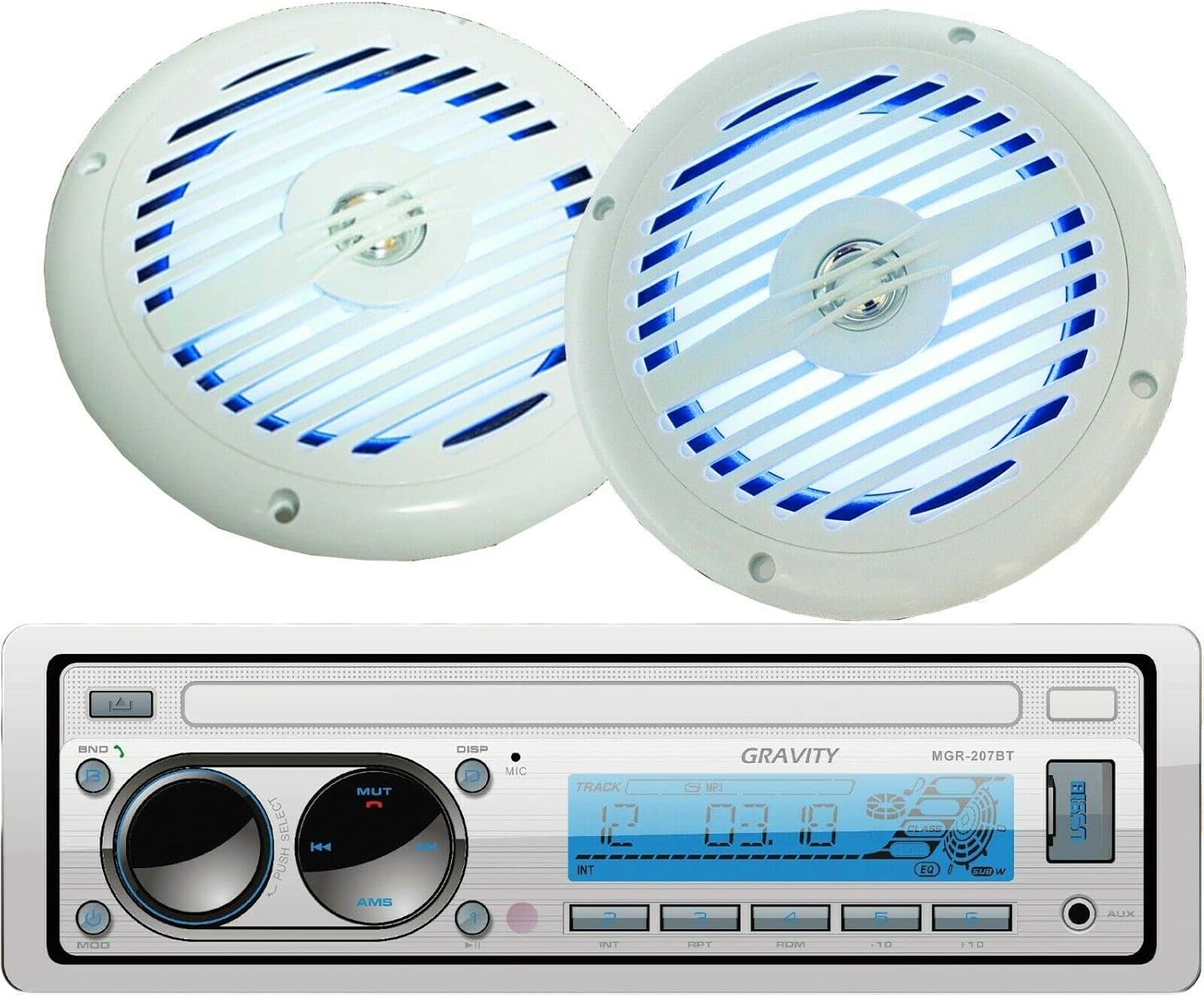 Gravity MGR-207BT 200W A2DP True Marine Stereo AM FM Radio Media Player Receiver with Bluetooth and 350 WATTS 2-Way Coaxial Marine Audio Speakers 6-1/2