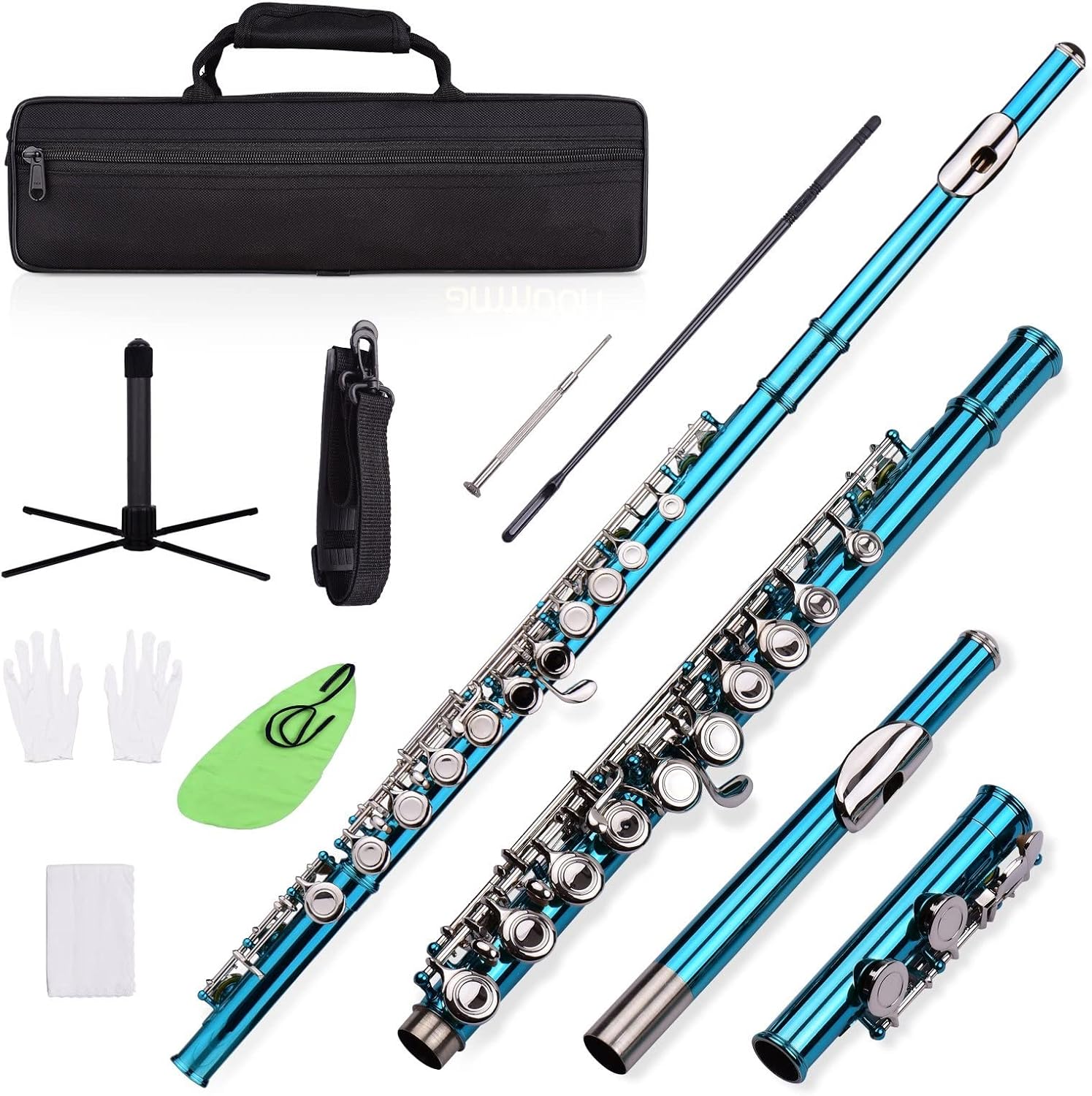 ZUZU Closed Hole C Flute 16 Keys Cupronickel Nickel- Plated Wind Instrument with Carry Case Flute Stand Gloves Cleaning Cloth Beginners Flute (Color : Blue Green)