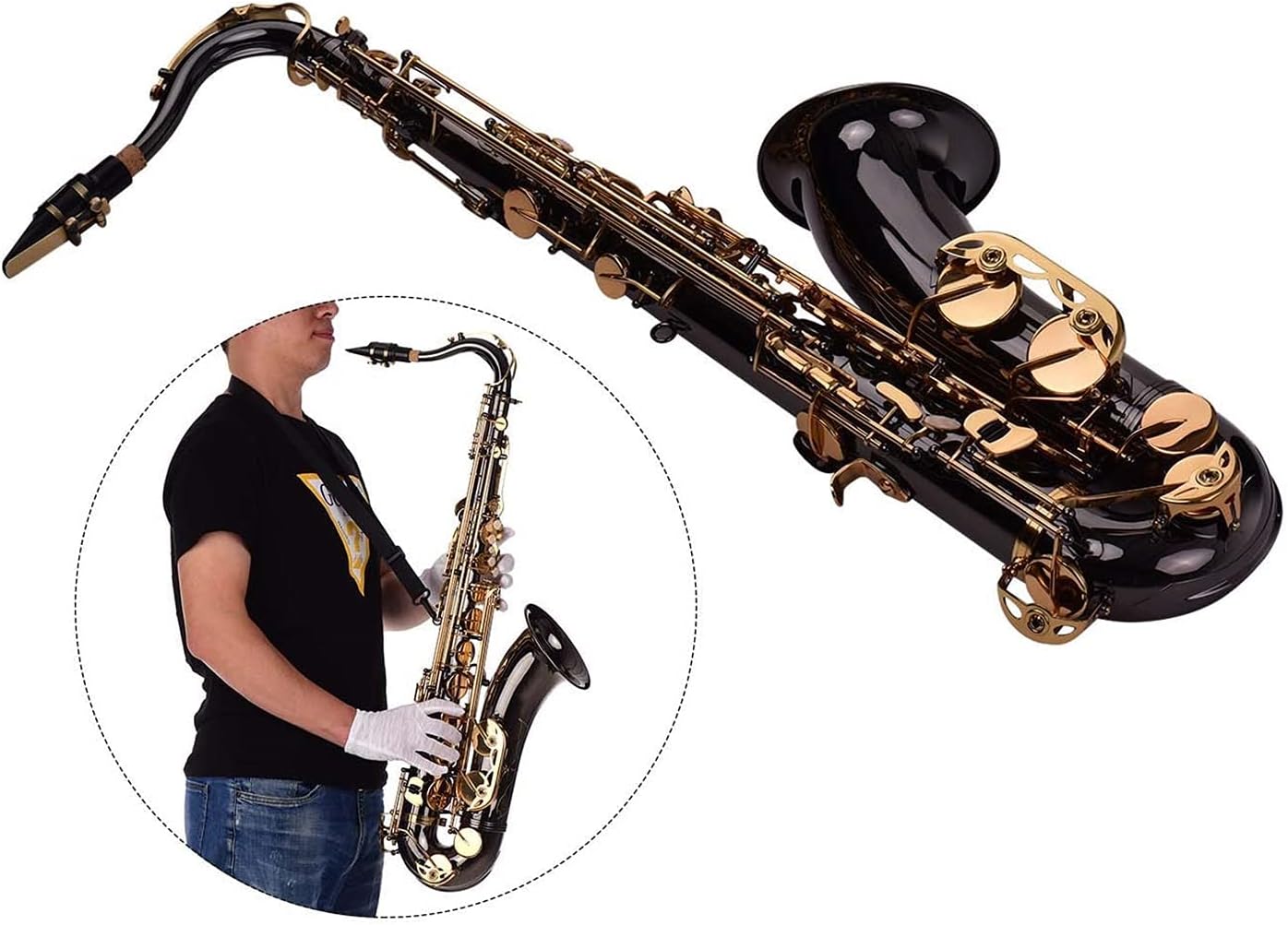 Saxophone Set Saxophones Student Bb Tenor Saxophone Sax Brass Body Black Nickle Plated Golden Keys Woodwind Instrument with Case Brush Sax Neck Straps