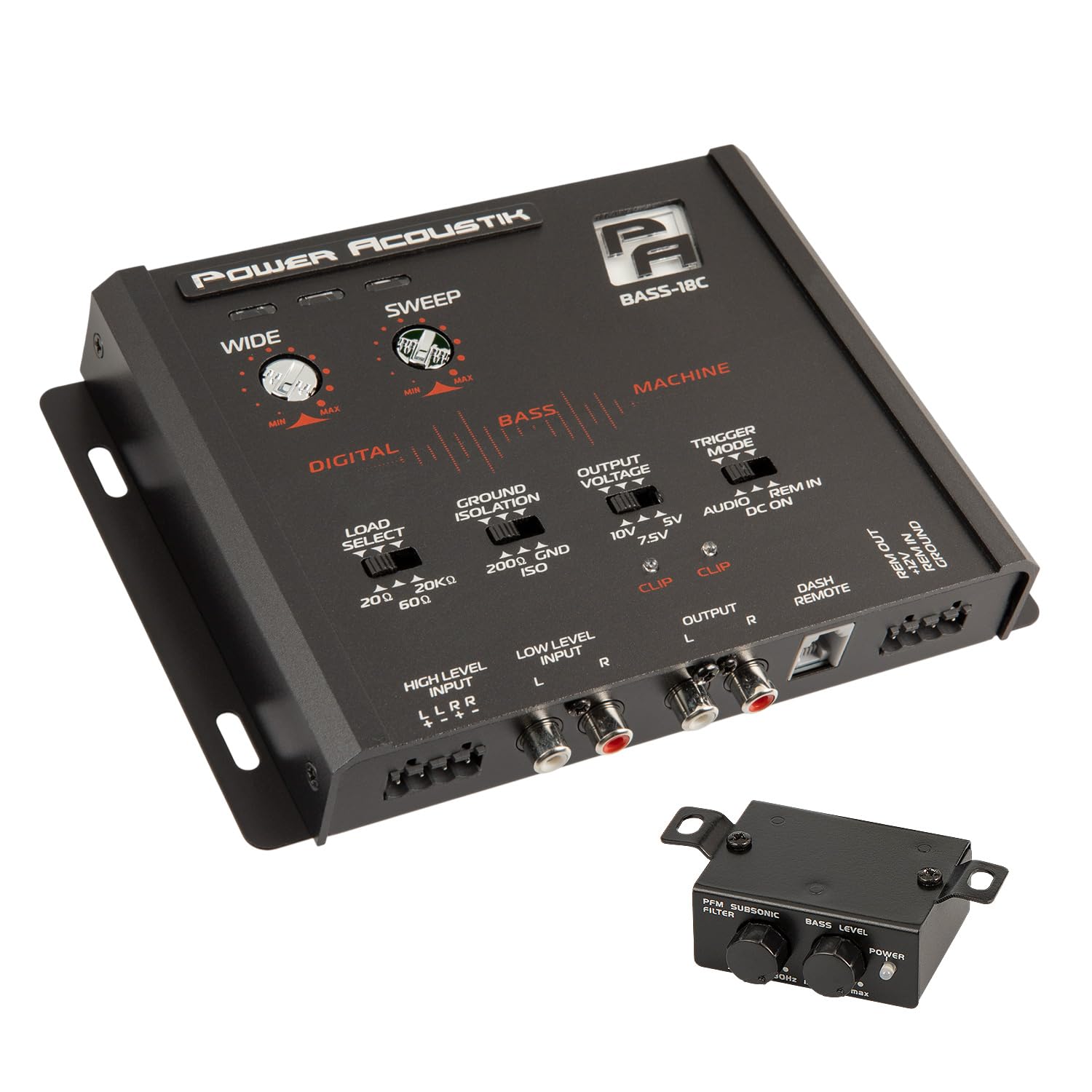 Power Acoustik BASS-18C Bass Processor – Variable Subsonic Filter and RCA/High-Level Input | LED Clipping Indicator | 10V Output w/Ground Isolation | Car Audio Sub Enhancer and Dash Control