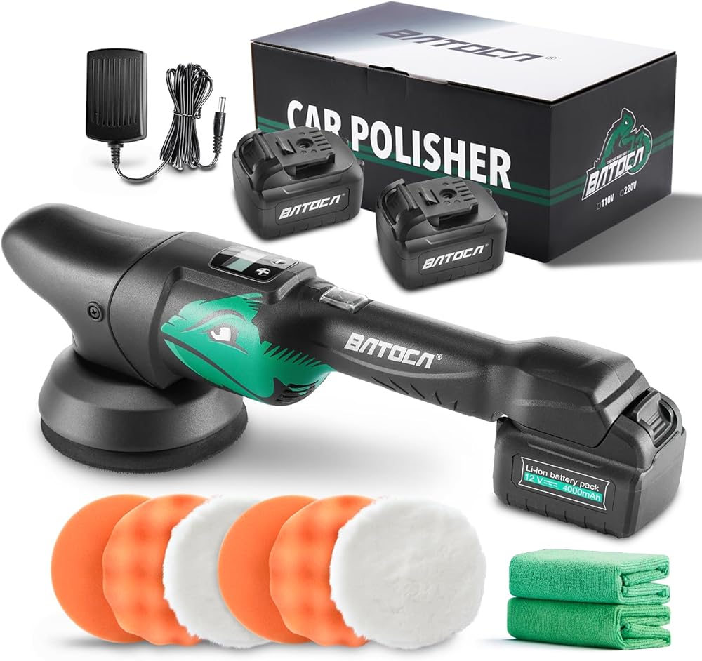 BATOCA S2 Cordless Random Orbital Polisher Buffer, 2Pcs 4.0Ah Batteries, LCD Display with 6 Variable Speed 2000- 4500 RPM Wireless Car Polishing Kit for Car Detailing, Polishing, Waxing, Cleaning