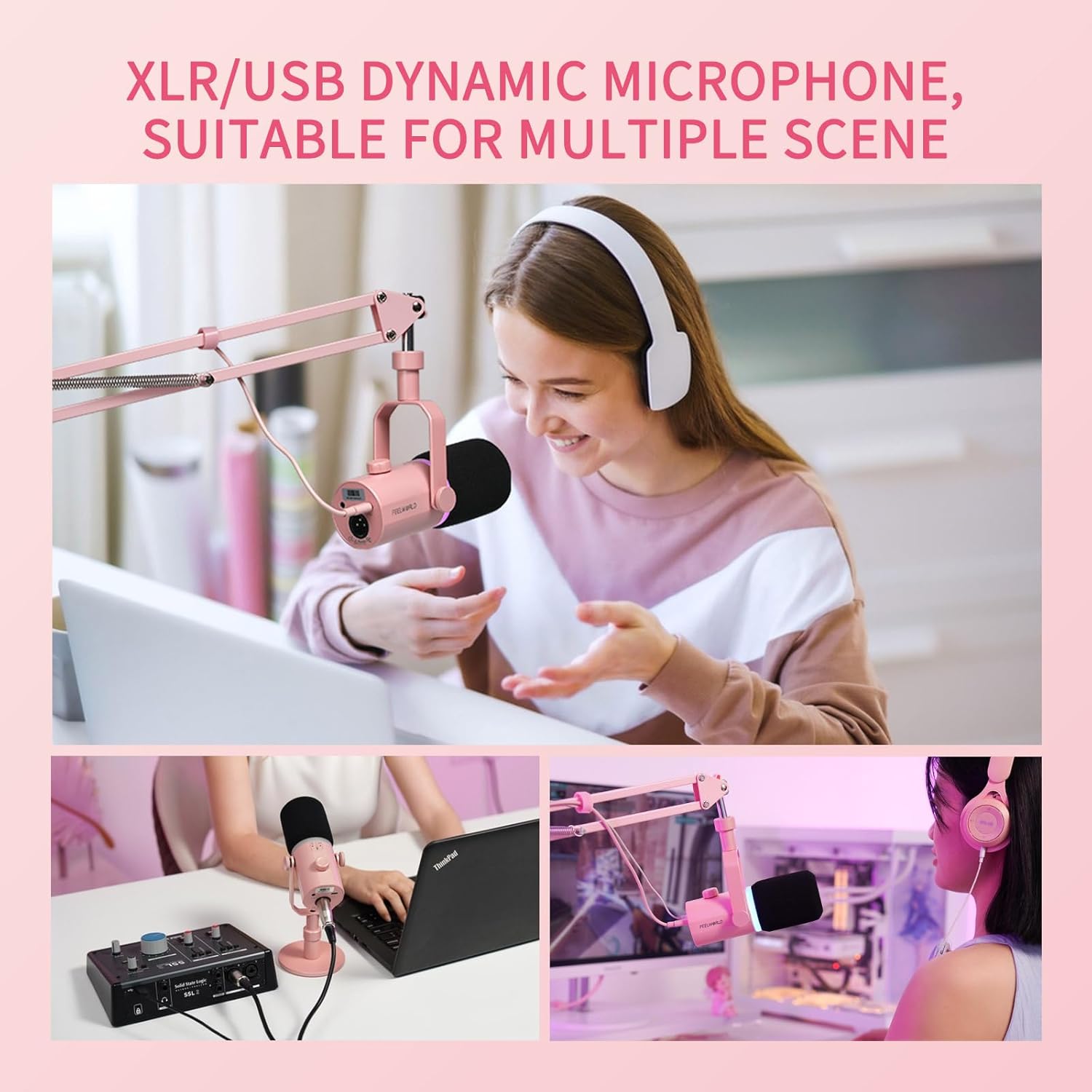 FEELWORLD PM1 XLR USB Dynamic Microphone Gifts for Podcast Recording PC Computer Gaming Live Streaming Vocal Voice-Over, Studio Metal Mic with RGB Light, Mute Button, Headphones Jack (Pink)