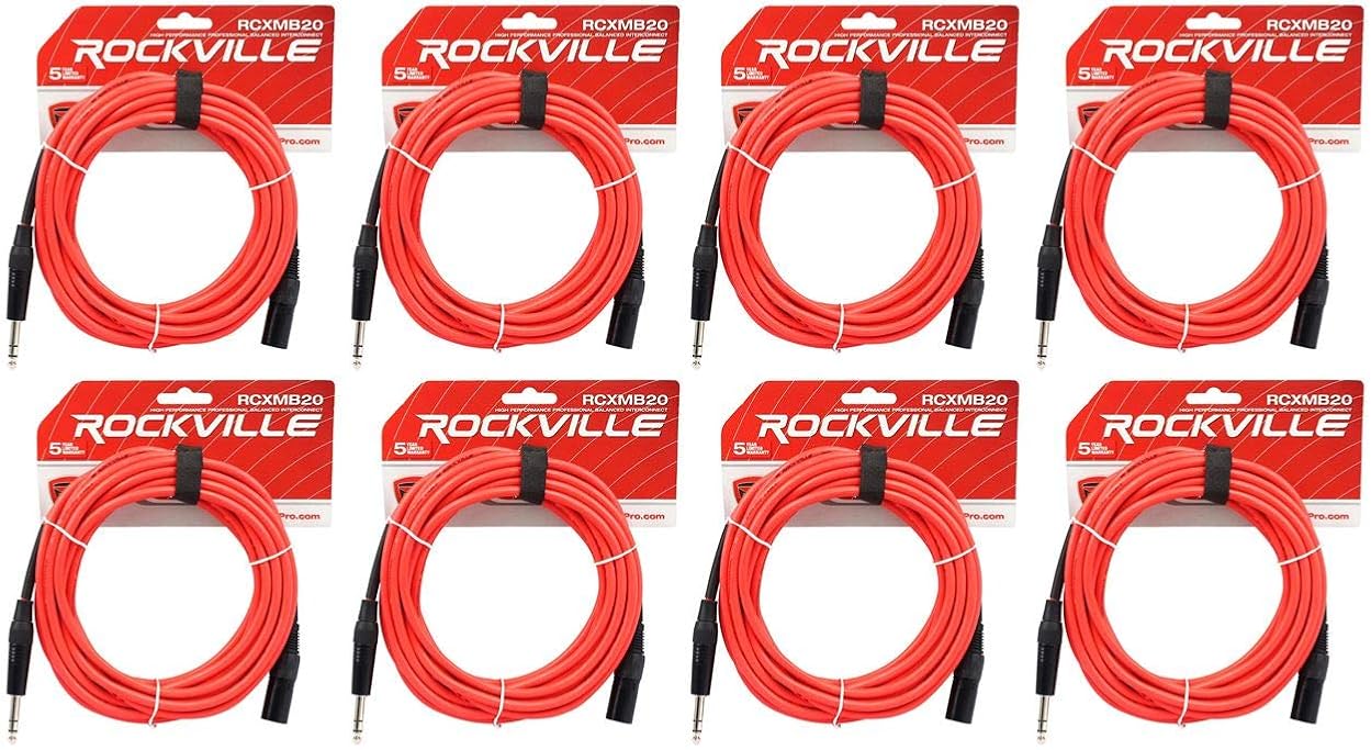 Rockville (8 RCXMB20R 20' Male REAN XLR to 1/4'' TRS Cable Red 100% Copper