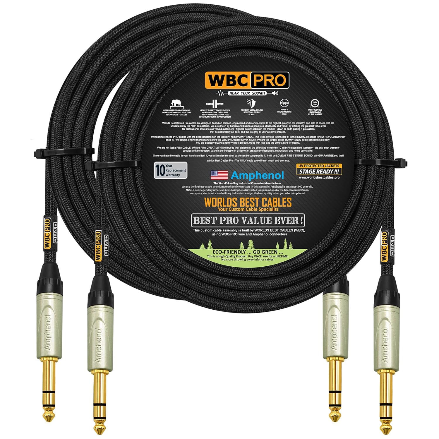 2 Units - 100 Foot - WBC-PRO-Quad Ultra-Silent Ultra-Flexible Balanced Star-Quad Cable with Amphenol QS3P-AU ¼ Inch (6.35mm) Gold Straight TRS Stereo Phone Plugs & Black Tweed Jacket