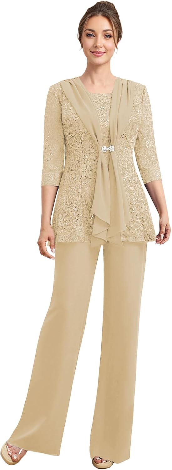 3 Pieces Mother of The Bride Pant Suits for Wedding - Lace Formal Pants Outfit with Jacket