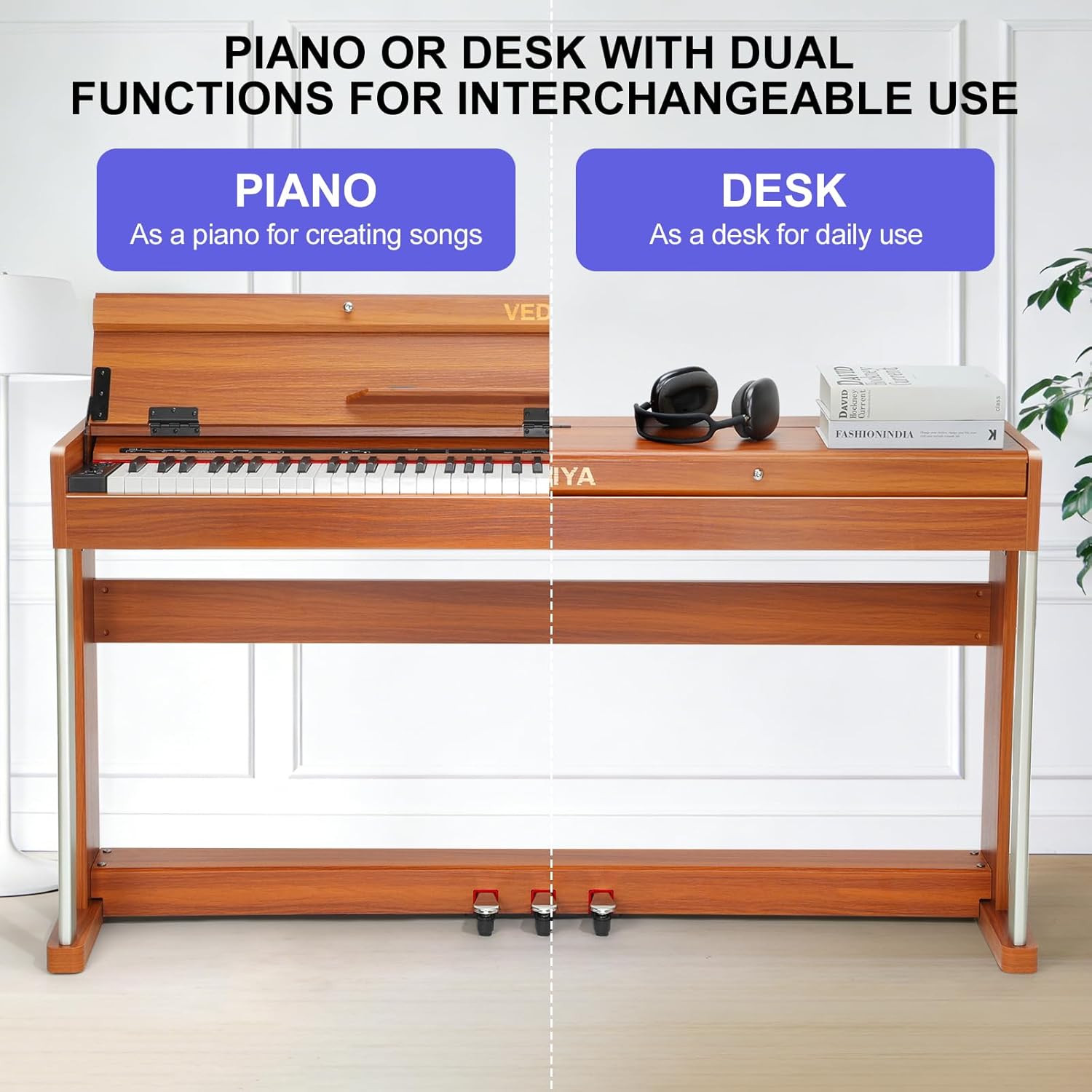 88 Key Weighted Digital Piano Keyboard - Wood Piano Desk to Vanity, Hammer Action Electric Piano with MIDI, Ideal Home Digital Pianos & Keyboard Piano for Beginners (Brown, VE86 with Cabinet Stand)
