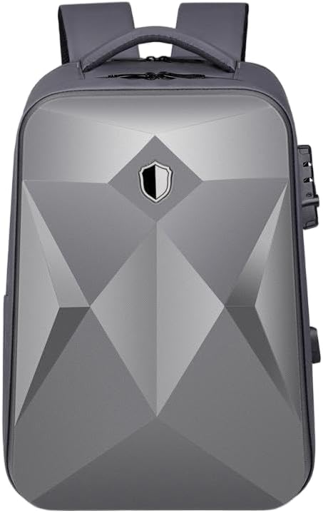 Geometric Hard Shell Laptop Backpack with Lock, Anti-Theft Design, Modern Diamond Pattern, Black, USB Charging Port (Silver)