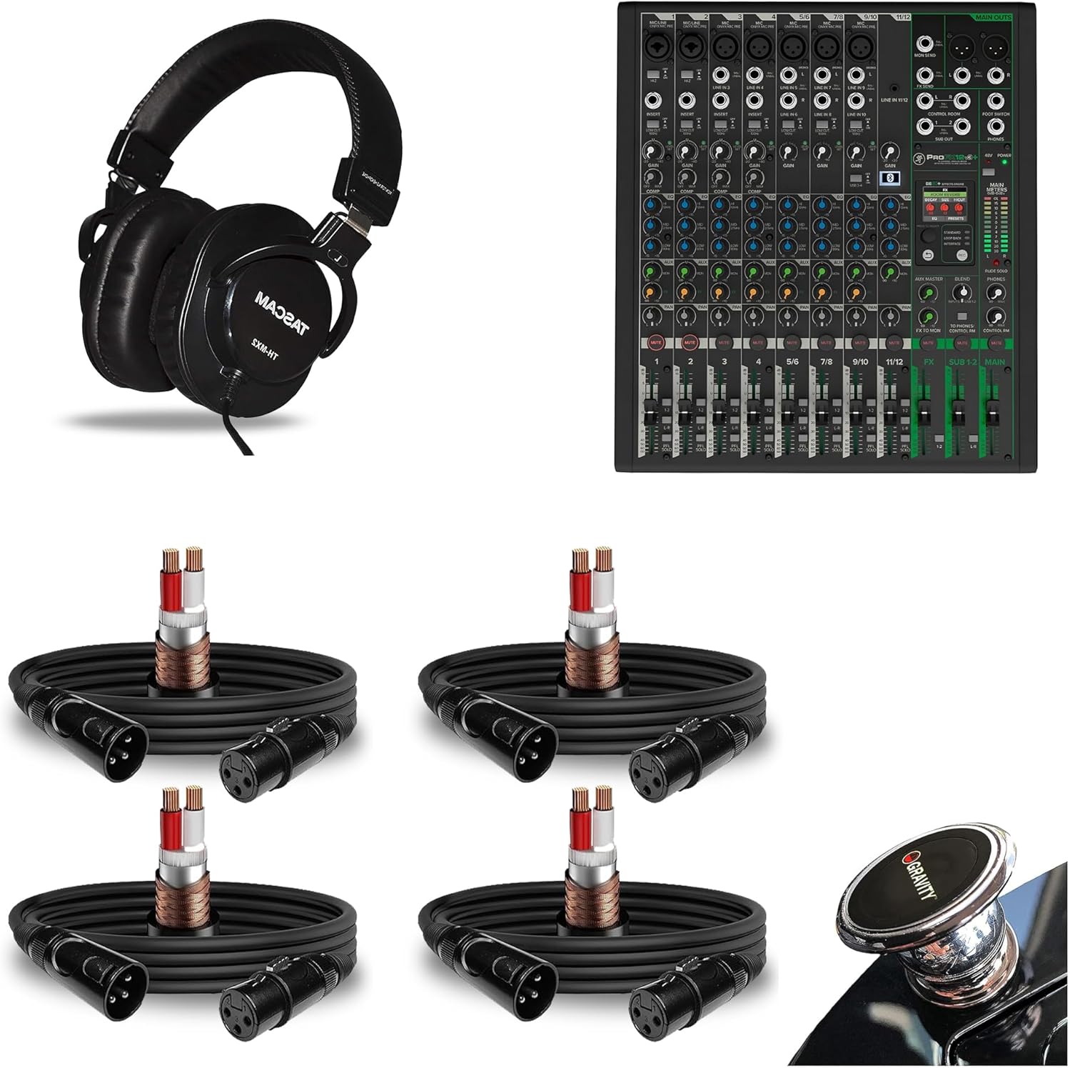 Mackie ProFX12v3+ 12-Channel Mixer with Effects and Bluetooth Bundle with 4 XLR Cables and Closed-Back Studio Mixing Headphones