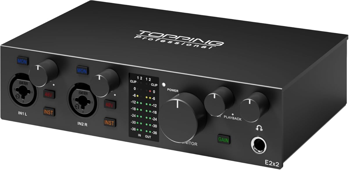 TOPPING E2X2 USB Audio Interface - High-Performance Mixer & Recording Interface for PC, Mac, iPhone & Android - Ultra-Linear Preamp, 48V Phantom Power, Low Noise, Real-Time Monitoring (Black)