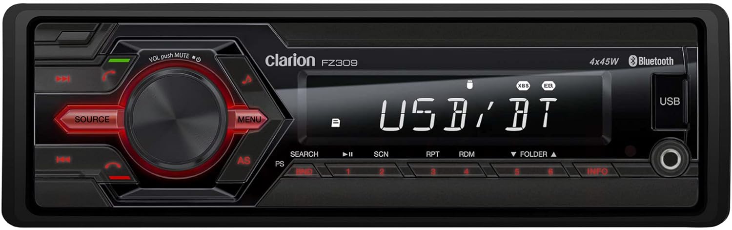 CLARION FZ309 Car Stereo Media Player (Does NOT Play CD) Single Din, Bluetooth, Remote Control, AM-FM, 45 WTS x 4, Front USB and AUX inputs, Equalizer, Detachable Front, USB Charge 1A