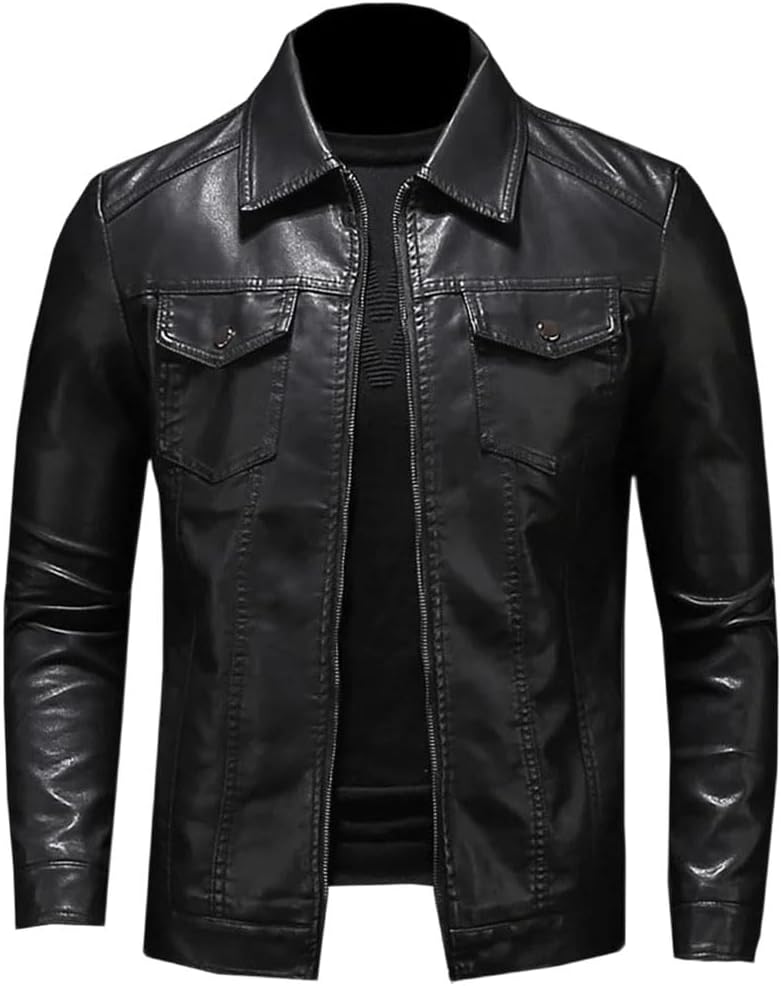 Men'S MotorcycLe Large Size Pocket BLack Zipper LapeL SLiM Fit Spring Leather Jacket Coat