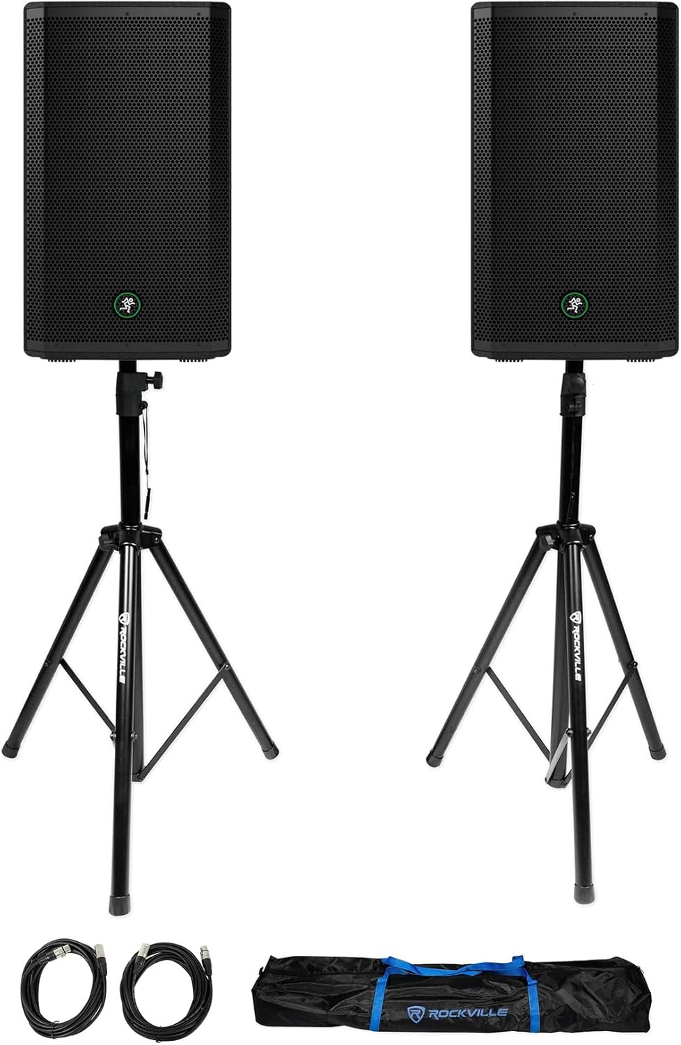 Audiosavings Bundle: (2) Mackie Thrash212 12 1300W Powered Active DJ PA Speaker Thrash 212 Bundle with (1) Pair of Rockville Adjustable Tripod Speaker/Light Stands+(2) 20 Foot XLR Cables (3 Items)