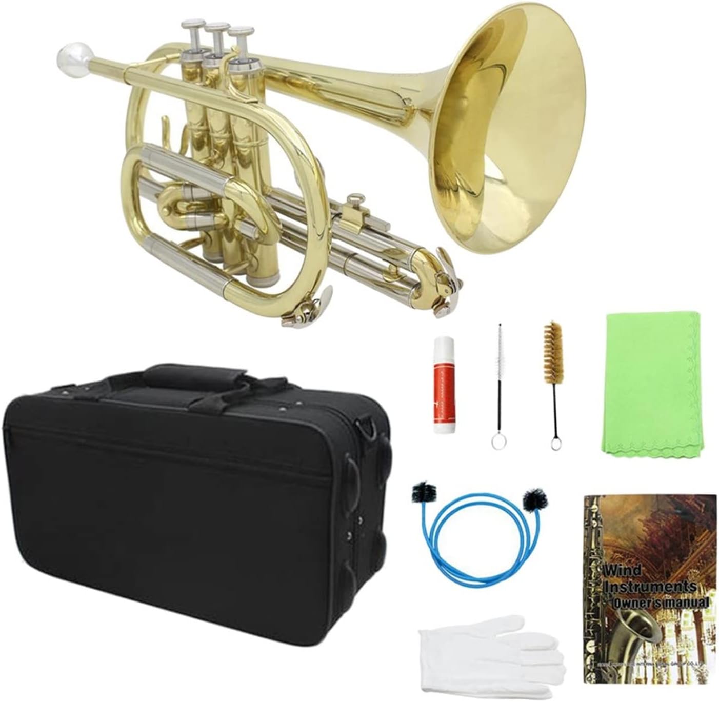 FLFL Student Trumpet Professional Bb Flat Cornet Brass with Storage Case Gloves Cloth Grease Brush Kit for Concert Practice