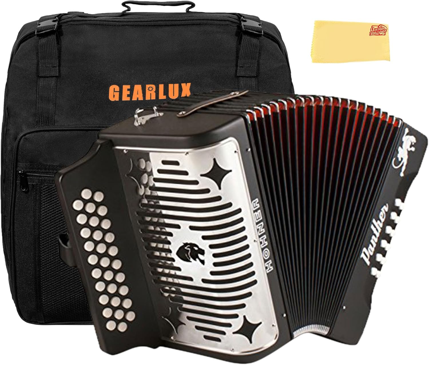 Hohner 3100GB Panther Diatonic Button Accordion in Black with accordion case and Cloth