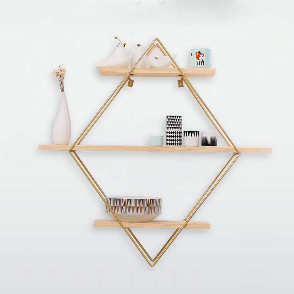 JOCHEN Wall Shelves Wrought Iron Wall Mount,Floating Shelves, 3 Tier Geotric Diamond Wall Shelves, Wood and tal Art