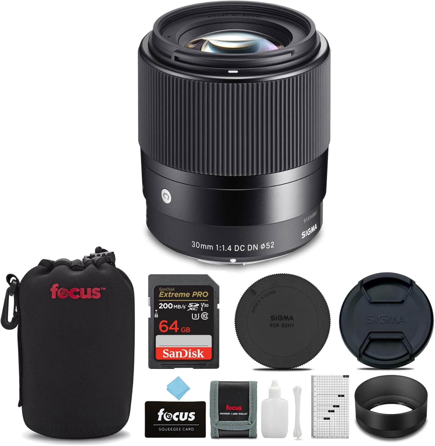 Sigma 30mm f/1.4 Contemporary DC DN Lens Canon EF-M Bundle with 64GB Memory Card, Lens Pouch, and Camera Cleaning and Accessory Kit (4 Items)