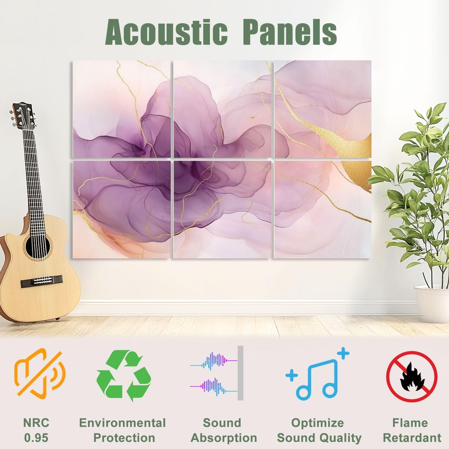 6 Pack Art Acoustic Panels Sound Absorbing White Marble Abstract Art Purple Swirls Gold Accents Delicate Lines Decorative Soundproof Wall Panels Self Adhesive for Recording Studios Office 72