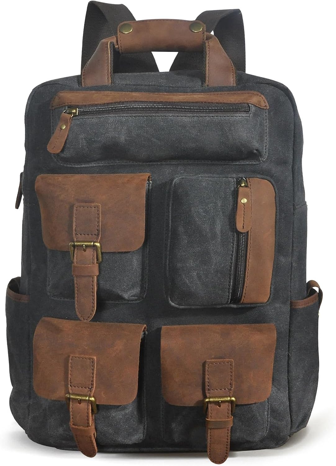 Canvas and Genuine Leather Waterproof Backpack Unisex Daily Rucksack Casual Daypack Travel Bag with Gift Box (Black)