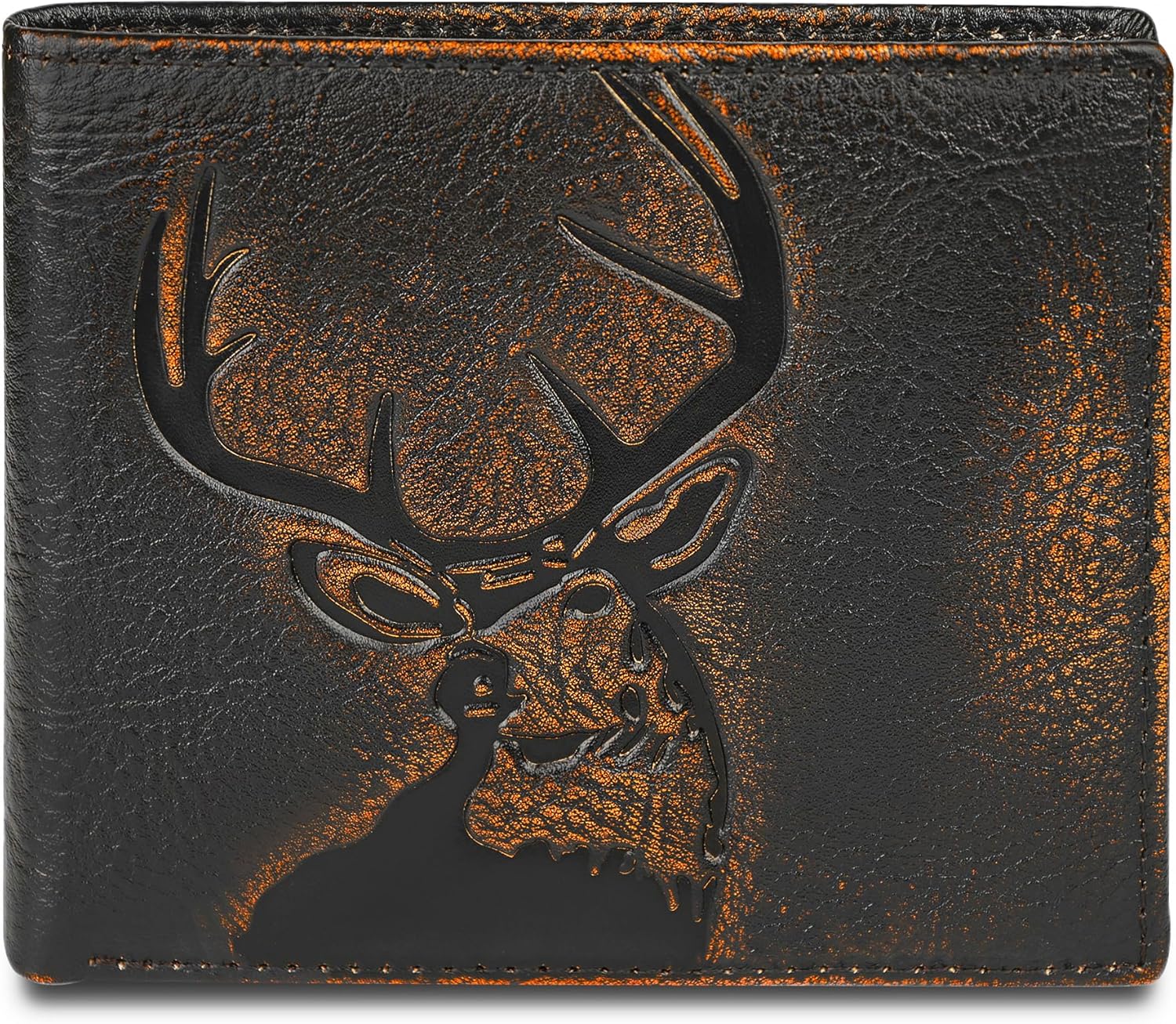 Real Leather Wallet for Men RFID Blocking Bifold 12 Card Slots 2 ID Windows Full Grain Vintage Coffee (black brown with deer)