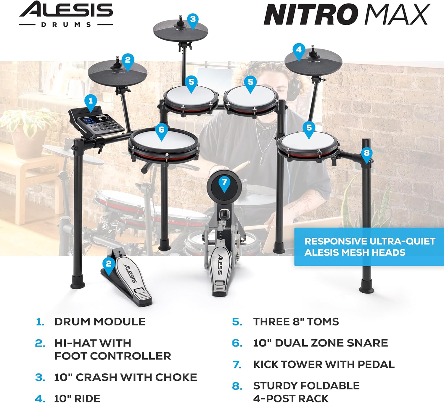 Alesis Nitro Max Kit 10 Piece Electric Drum Set with Quiet Mesh Pads, 10