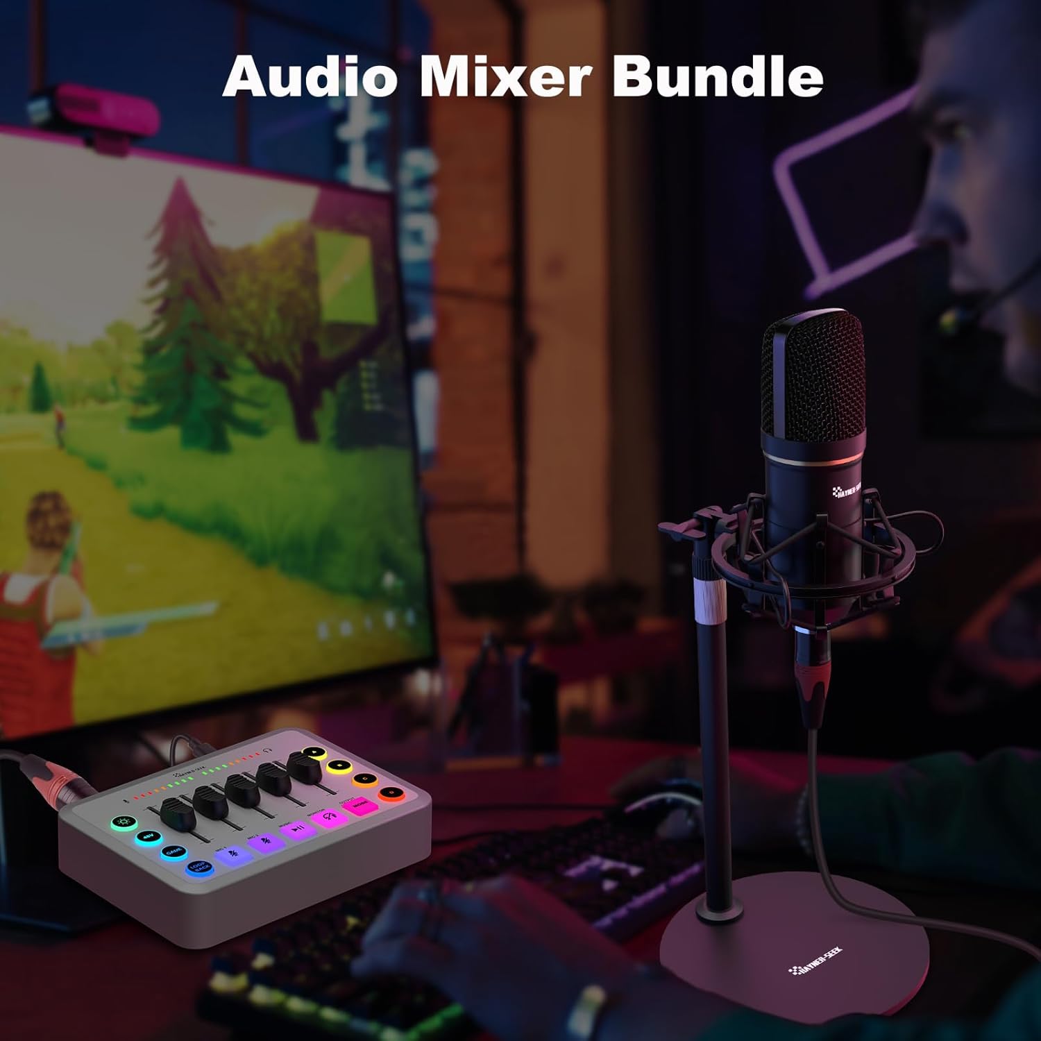 Gaming Audio Mixer Bundle, XLR Audio interface with 48V Condenser Microphone, 5-Channels, RGB,Volume Fader, Mute Button for Streaming,Recording,Podcast Equipment Bundle-White (H1)