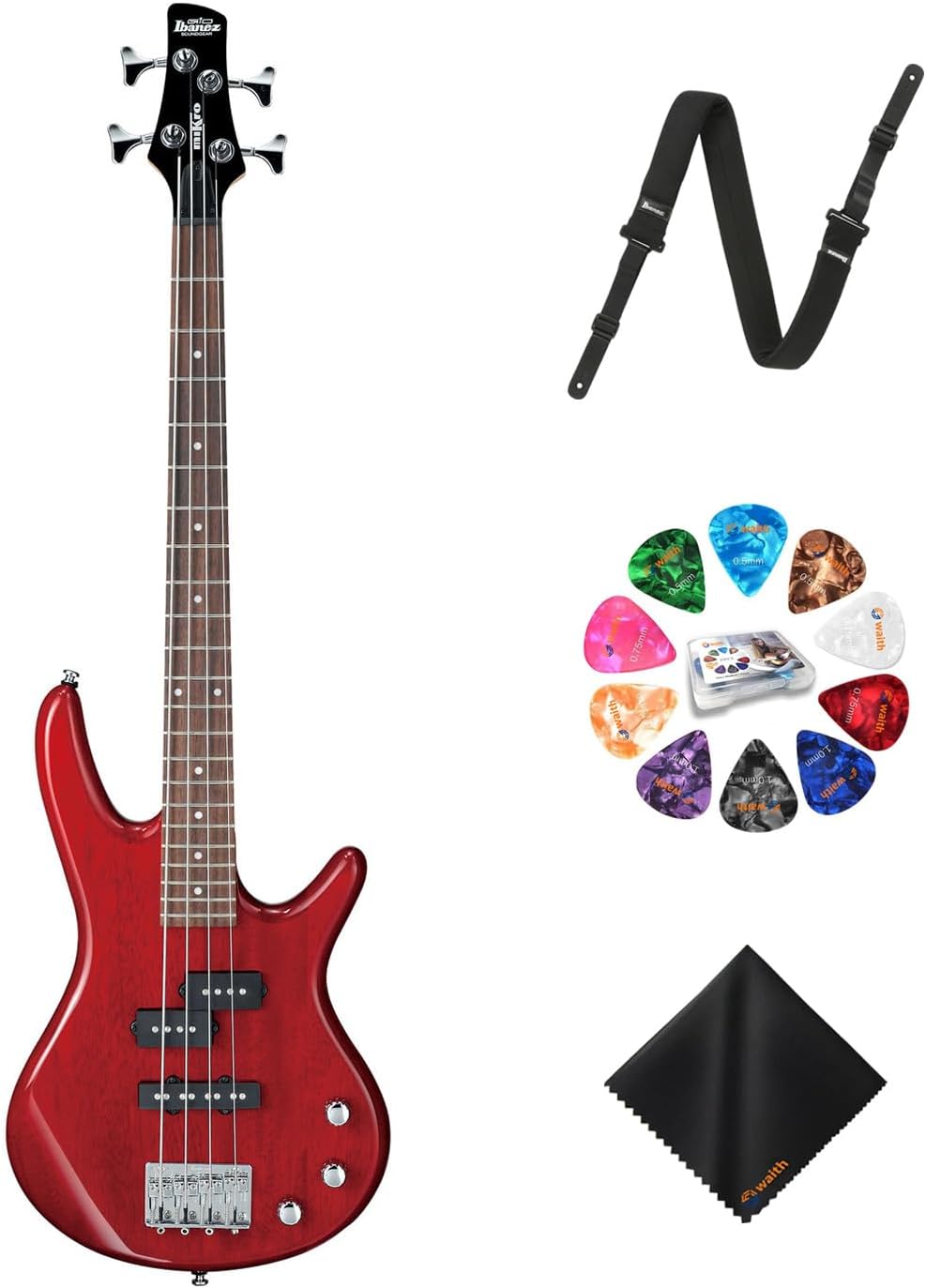 Ibanez GSRM20 4-String Bass Guitar (Transparent Red) - Right Handed Poplar Body Bass with GSF50 Powerpad Strap, 15 Pack Guitar Picks with Storage Box & Microfiber Cleaning Cloth (Bundle Set)