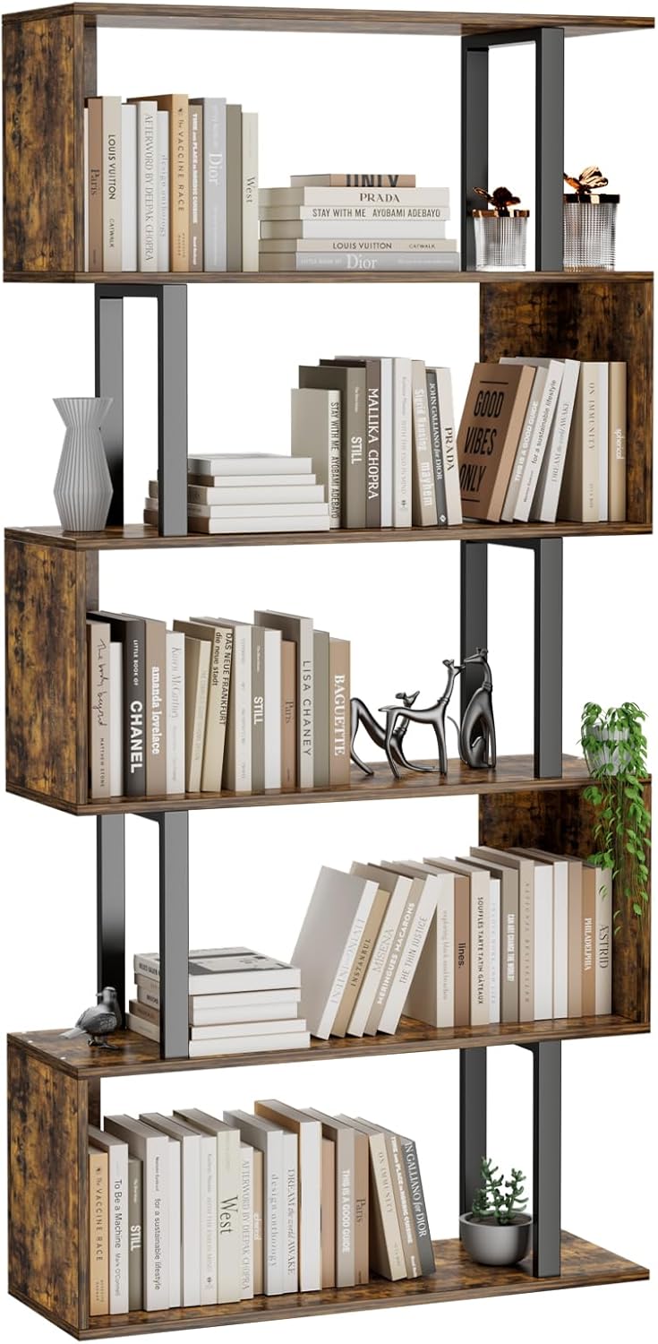 Gadroad 5-Tier Geometric Bookcase,S Shaped Bookshelf, Wood Decorative Storage Shelving, Modern Freestanding Display Shelves, Tall Book Shelf Unit for Living Room Bedroom, Rustic Brown