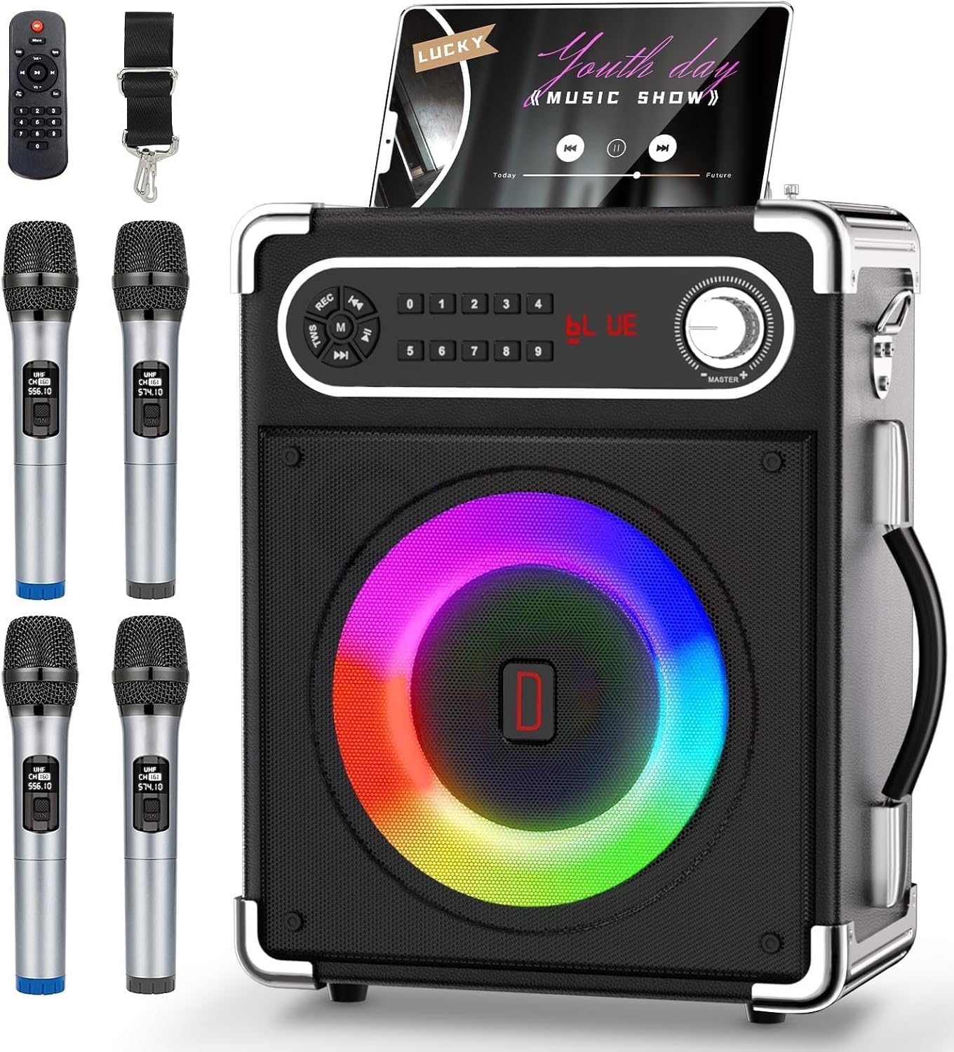 Karaoke Machine with 4 Wireless Microphones, Portable Bluetooth 5.1 Speaker for Adults Kids with LED Lights, Bass/Treble Adjustment, PA System with Remote Control, Supports FM/AUX/USB/TF for Party
