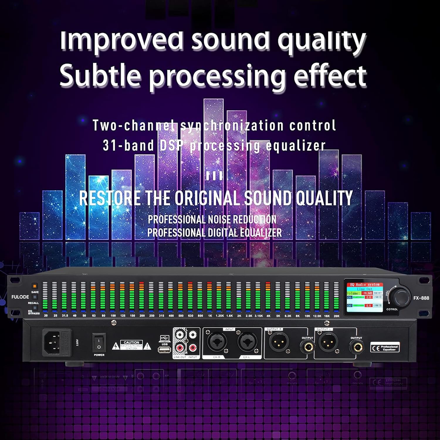 FX-888 Dual channel synchronized control 31-Band Digital equalizer Stereo Graphic EQ Noise Reduction Each segment with LED Spectrum Display Operation Content display large screen.