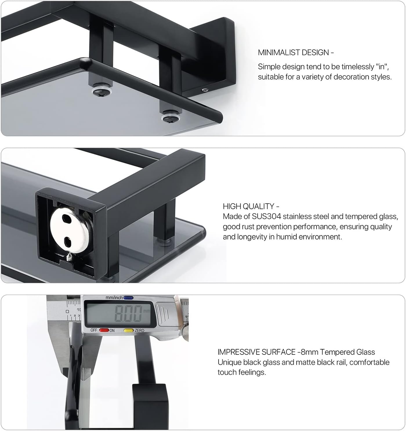 GLigeT Bathroom Organiser Bathroom Glass Shelf Aluminum Tempered Glass Thick Rectangular 1 Tier Storage Organizer Wall Mount Glass Floating Shelves Shower Shelves (Color : Matte Black)