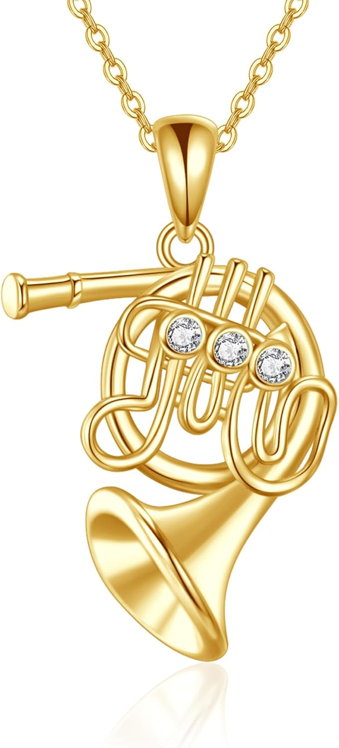 GEHN 14K Solid Gold French Horn Necklace Musical Instrument Pendant 14K Real Gold French Horn Jewelry Gifts for Women