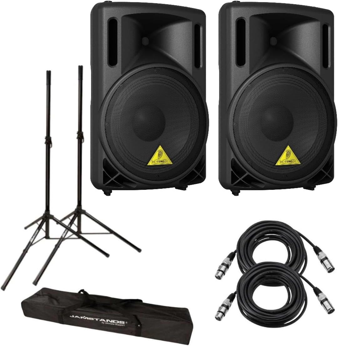 Behringer EUROLIVE B212D 550 Watt 2-Way Active PA Speaker System - Bundle with Ultimate Support JamStands JS-TS50 Tripod-Style Speaker Stand Pair, 2 Pack 25' XLR Microphone Cable