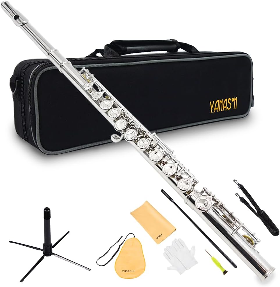 YANASON C Flute Closed Hole 16 Keys Flute Nickel-Plated for Beginner, Kids, Student with Carrying case, Metal stand, Gloves, Tuning Rod, Cleaning kit