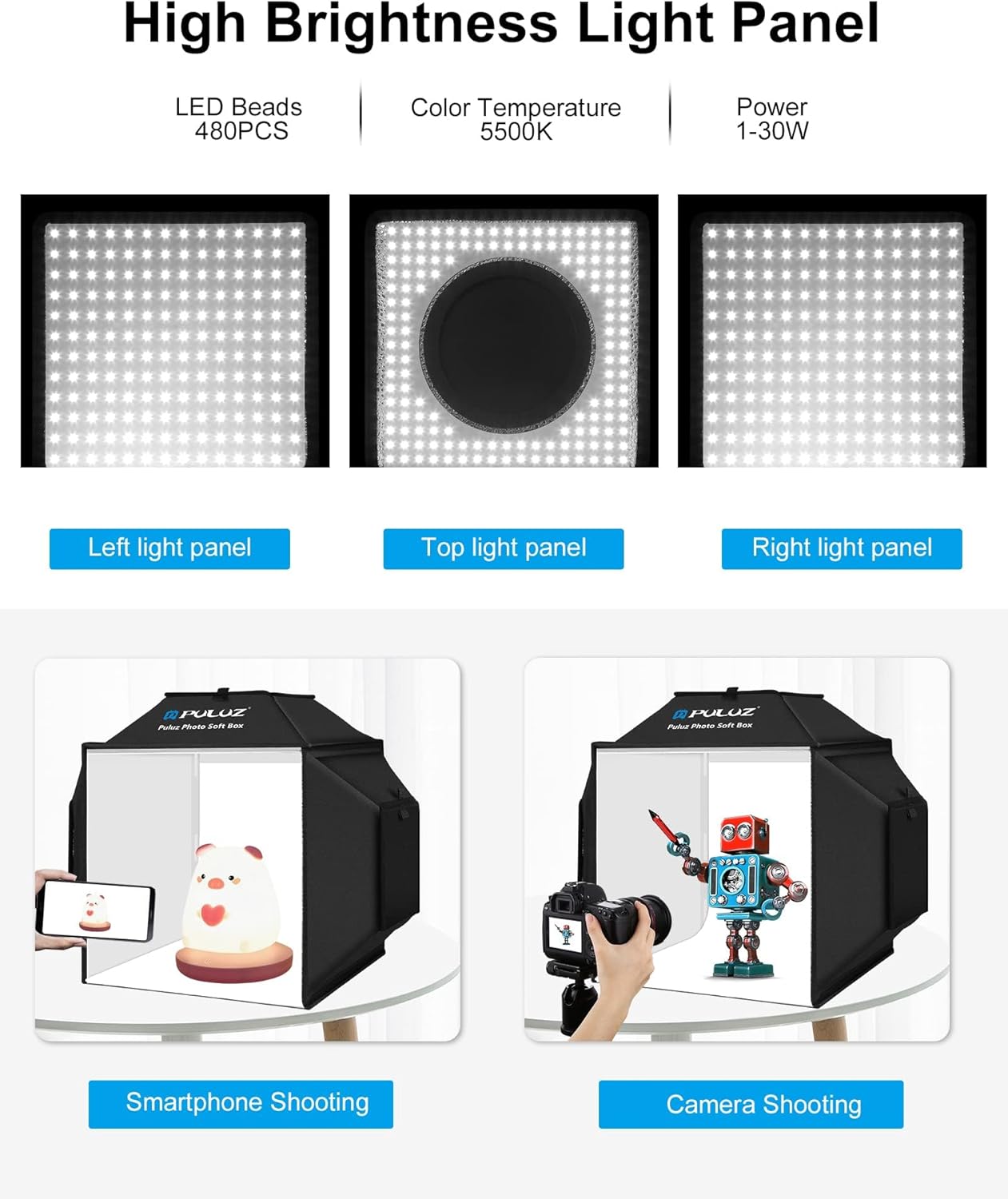 PULUZ 16x16 Inch Upgrade Photo Studio Light Box, Professional Dimmable Shooting Tent with 480 LED Lights & 4 PVC Backdrops, Portable Softbox for Jewelry, Small Product Photography