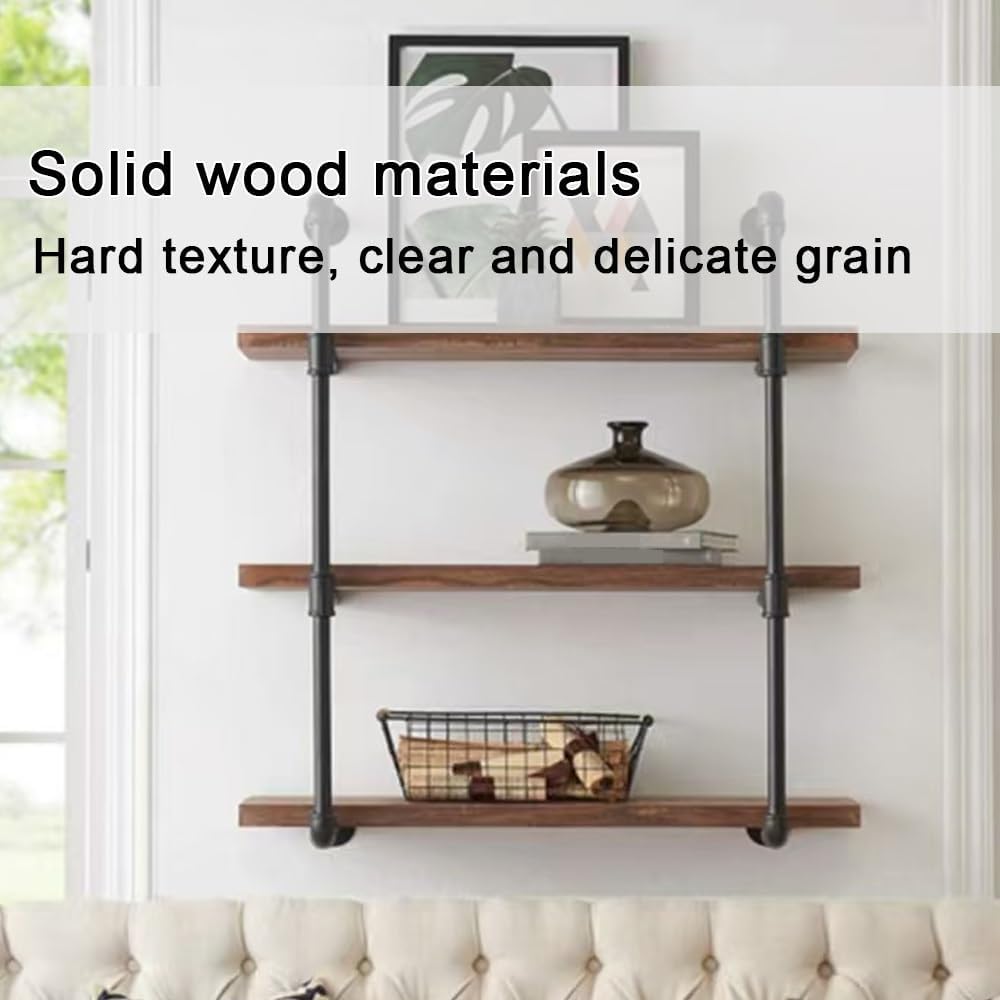 Solid Wood Floating Bookshelf, 3-Tier Hanging Spice Rack with Metal Frame, Industrial Pipe Shelving for Kitchen, Living Room, Modern Mug Rack Wall Mounted(80cm-31.5in)