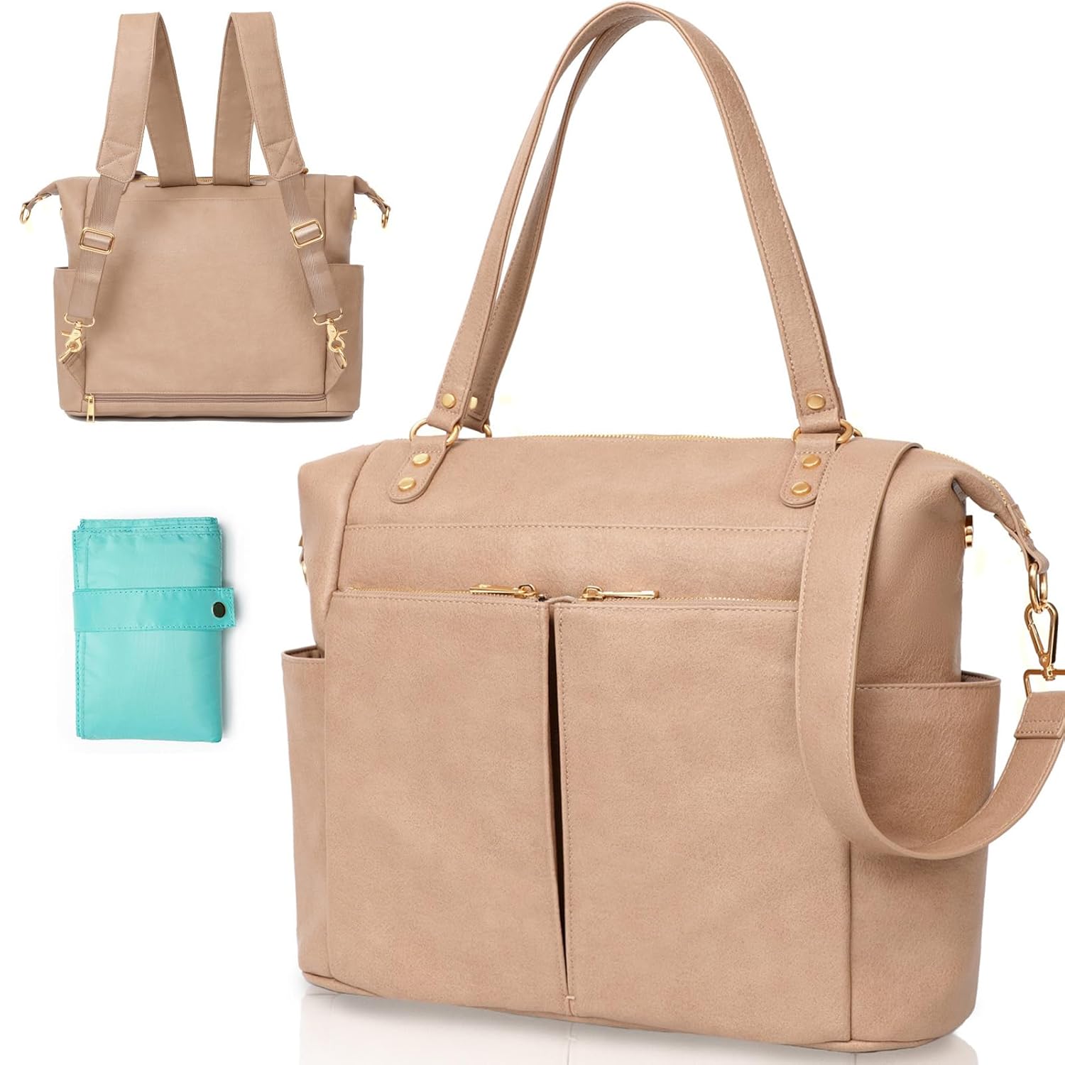 MOMINSIDE Diaper Bag Tote, Leather Diaper Bag Backpack with 14 Pockets, Convertible Baby Bag for Boys Girls, Baby Registry, Changing Pad, Large 4 Insulated Pockets (Camel)