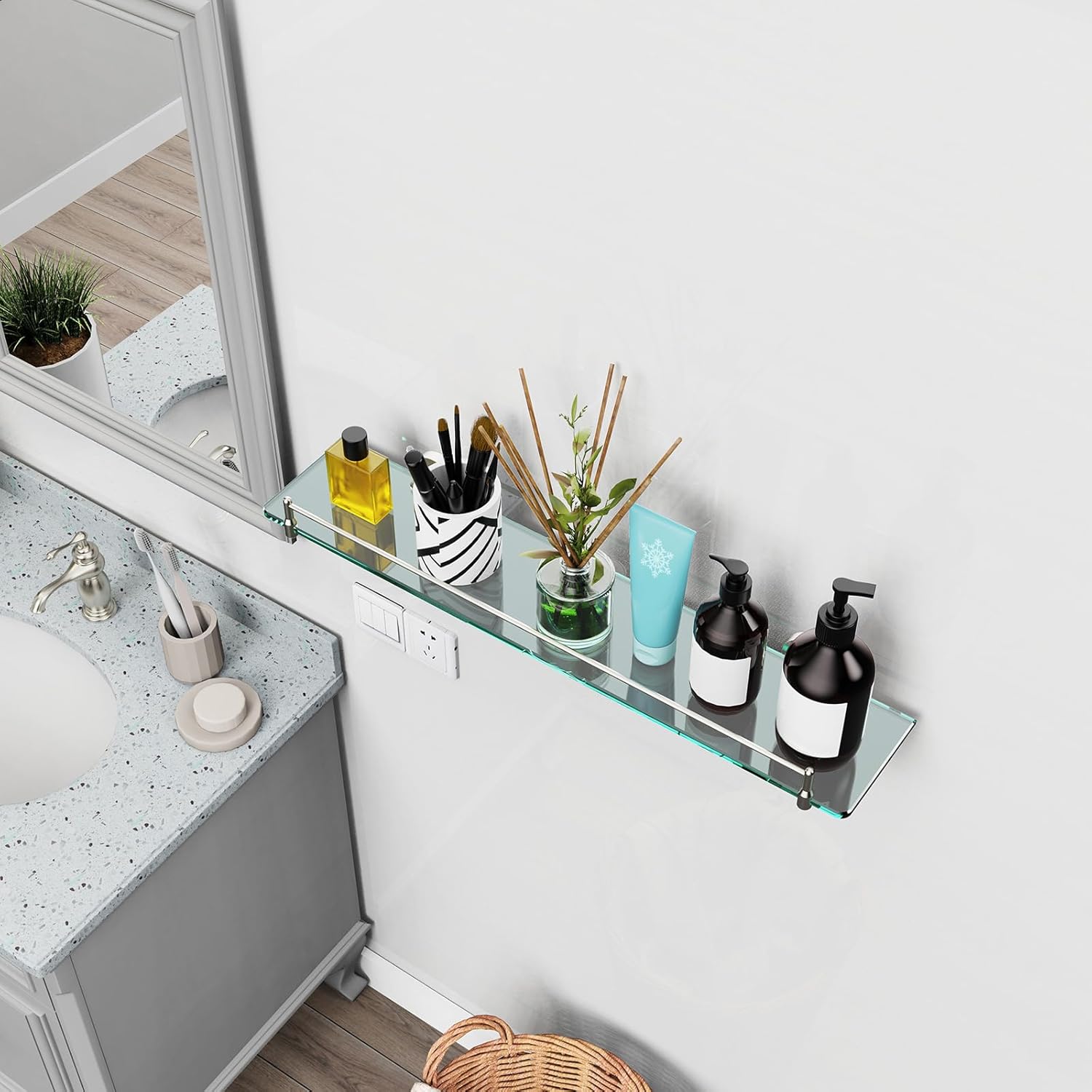 Glass Shelf for Bathroom 2 Pack,24-Inches Floating Glass Shelves Towel Bar/Track(Brushed Nickel)