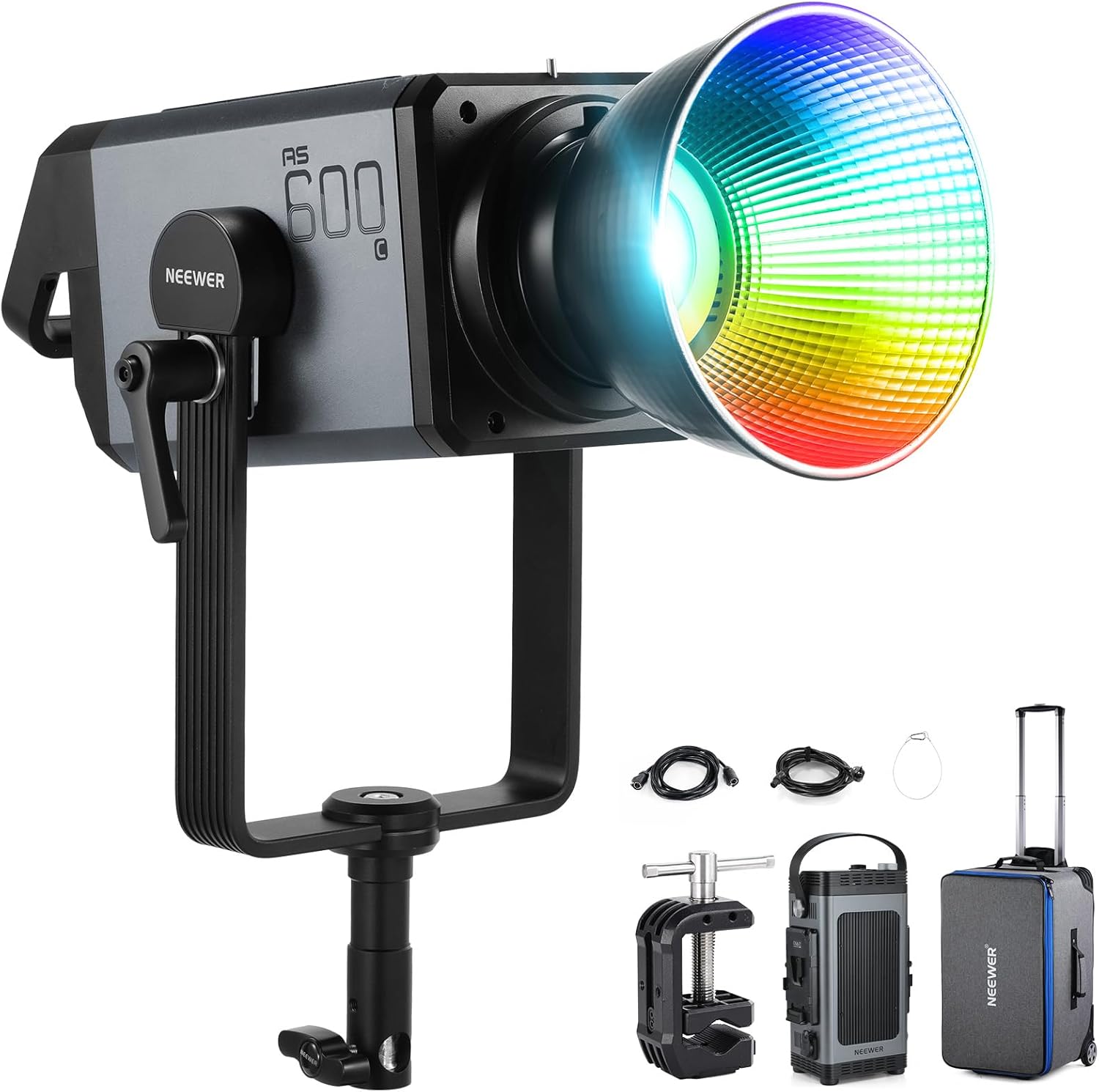 NEEWER 600W RGB Studio Video Light with 2.4G/APP/DMX Control, 56,000lux/1m CRI95+ COB LED Continuous Output Lighting, 2500K-7500K PWM Dimming 17 Scenes Bowens Spotlight for TV News Filmmaking, AS600C