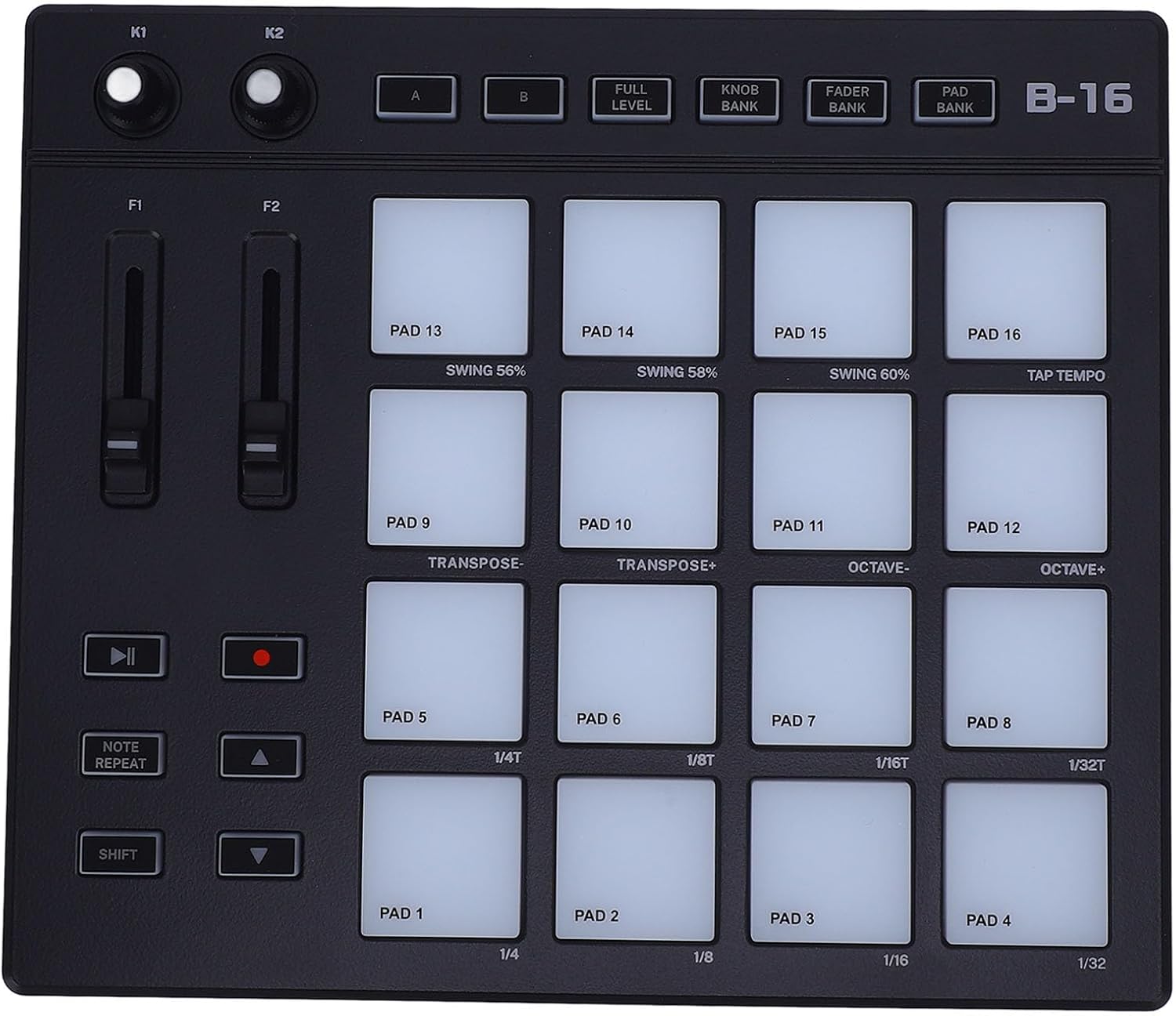 MIDI Controller Pad, Customizable Keys, with 16 RGB Drum Pads, 2 fader, 2 knobs, Portable MIDI Drum Pad, for Music Production