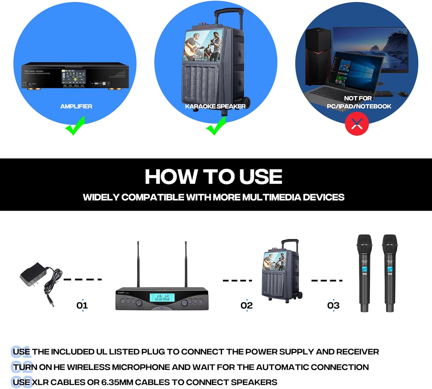 G-MARK Wireless Microphone System, Professional UHF Dual Channel Handheld Cordless Dynamic Mic Set for Home Karaoke,Church, DJ, Wedding, Meeting, Events, 200ft Range