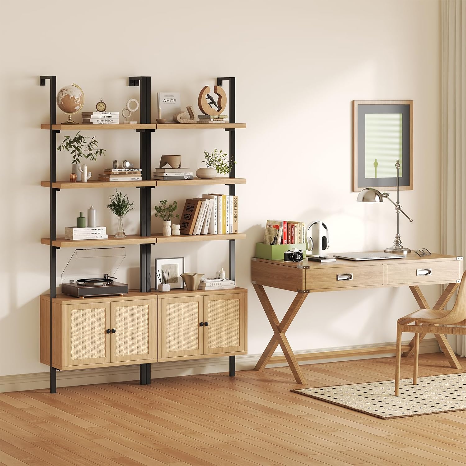 Ladder Bookshelf, 4 Tier Book Shelf with Rattan Cabinet, Wall Mount Bookshelves and Bookcases with Metal Frame, Anti Dump, Tall Bookcase for Living Room, Home Office, Bedroom Oak