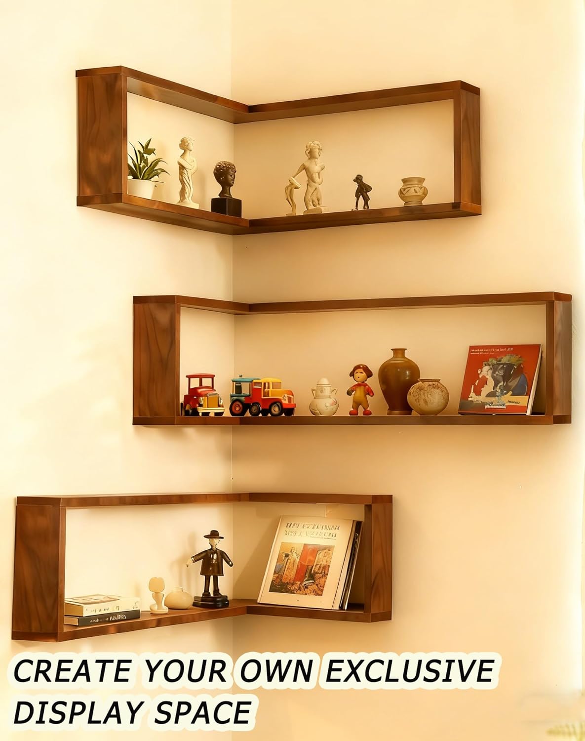 Smart Corner Shelves That Light up Your Space, Illuminated Corner Shelf with Remote, No-Drilling Illuminated Corner Blind Boxes Shelf, Floating Corner Shelves for Wall,For Collectibles(3, With lights)
