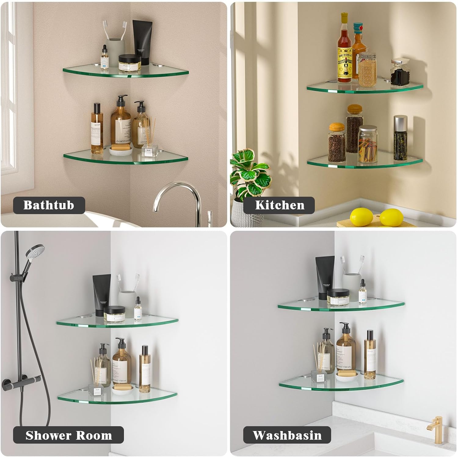 Corner Glass Shower Caddy 4 Pack 8MM-Thick Tempered Glass Shelf No Drilling Wall Mount Corner Mounted Shelves Space Saver Adhesive Bathroom Home Shelf Shampoo Holder Organizer Strong Adhesion