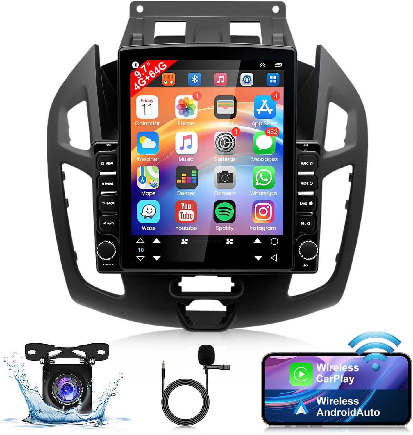 【4+64G】 Ftoghe 9.7 inch Car Stereo Radio for Ford Transit Connect 2014 2015 2016 2017 2018, Android 13 IPS Touchscreen Stereo w/CarPlay &Android Auto, Support GPS Bluetooth SWC WiFi FM/Backup Camera