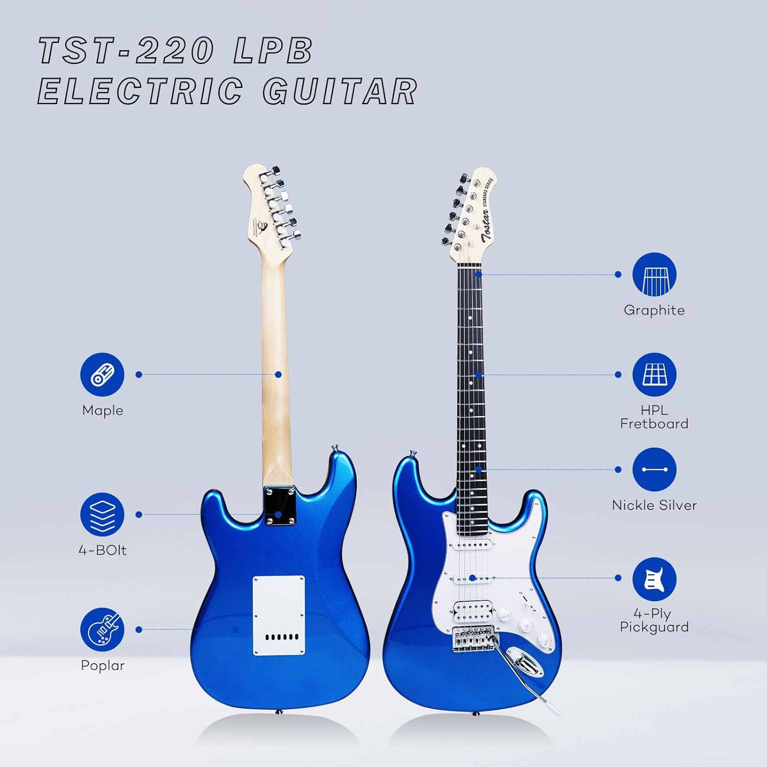 Tostar Electric Guitar Full Size Kit for Beginners 6 String with Amp SSH Pickup with Gig Bag,Capo,Tremolo,Tuner, Strap, Picks Blue Electric Guitars Stratocaster 39