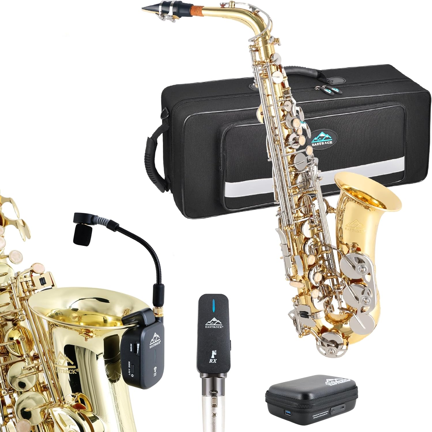 EASTROCK Gold/Nickel Alto Saxophone E Flat Sax and Saxophone Wireless System