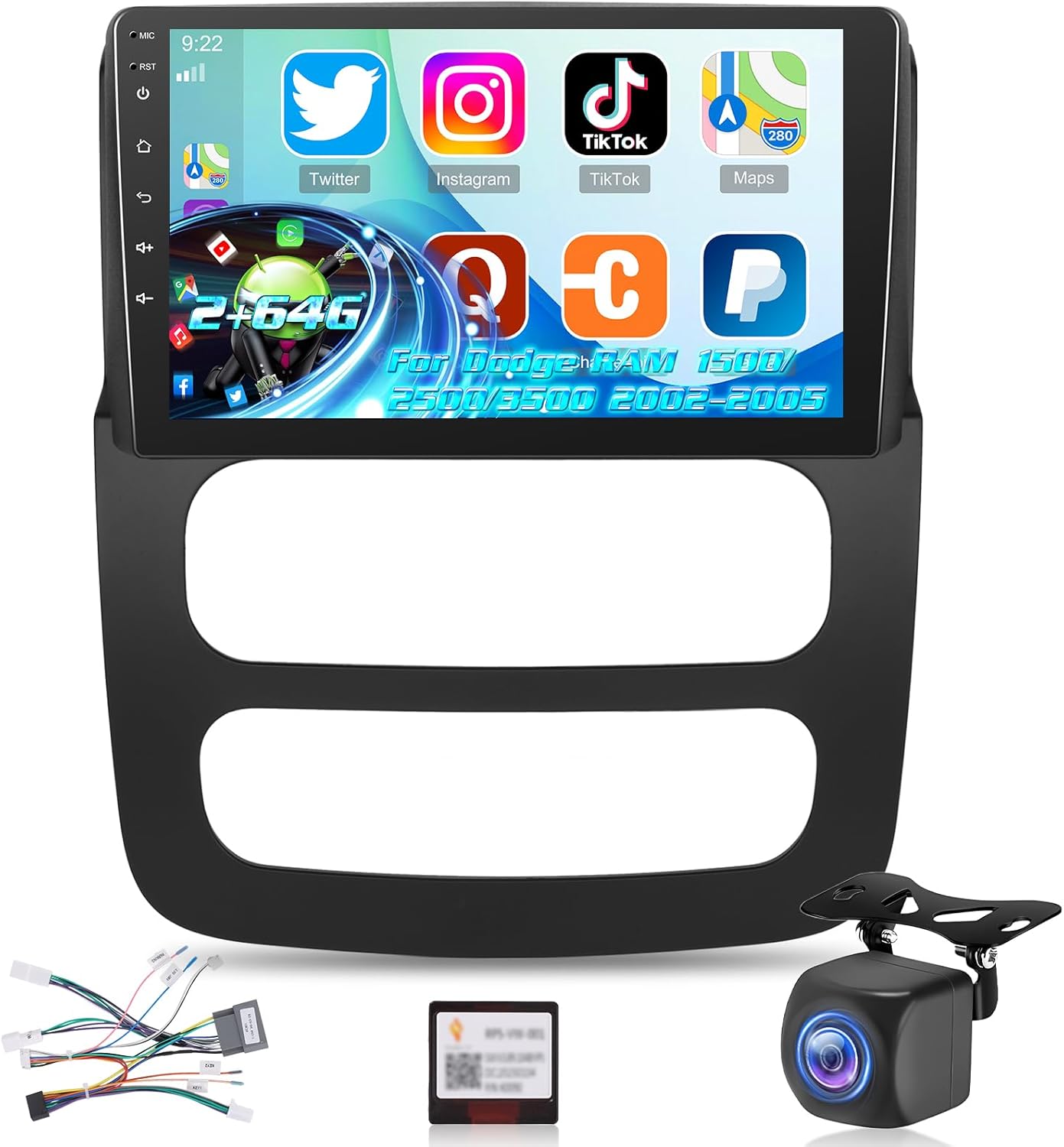 [2+64G] NHOPEEW Car Radio for Dodge RAM 1500/2500/3500 2002-2005 - Wireless Carplay and Android Auto - 9 Inch Touch Screen Android Car Stereo - DSP/WiFi/GPS/SWC/Bluetooth + AHD Backup Camera