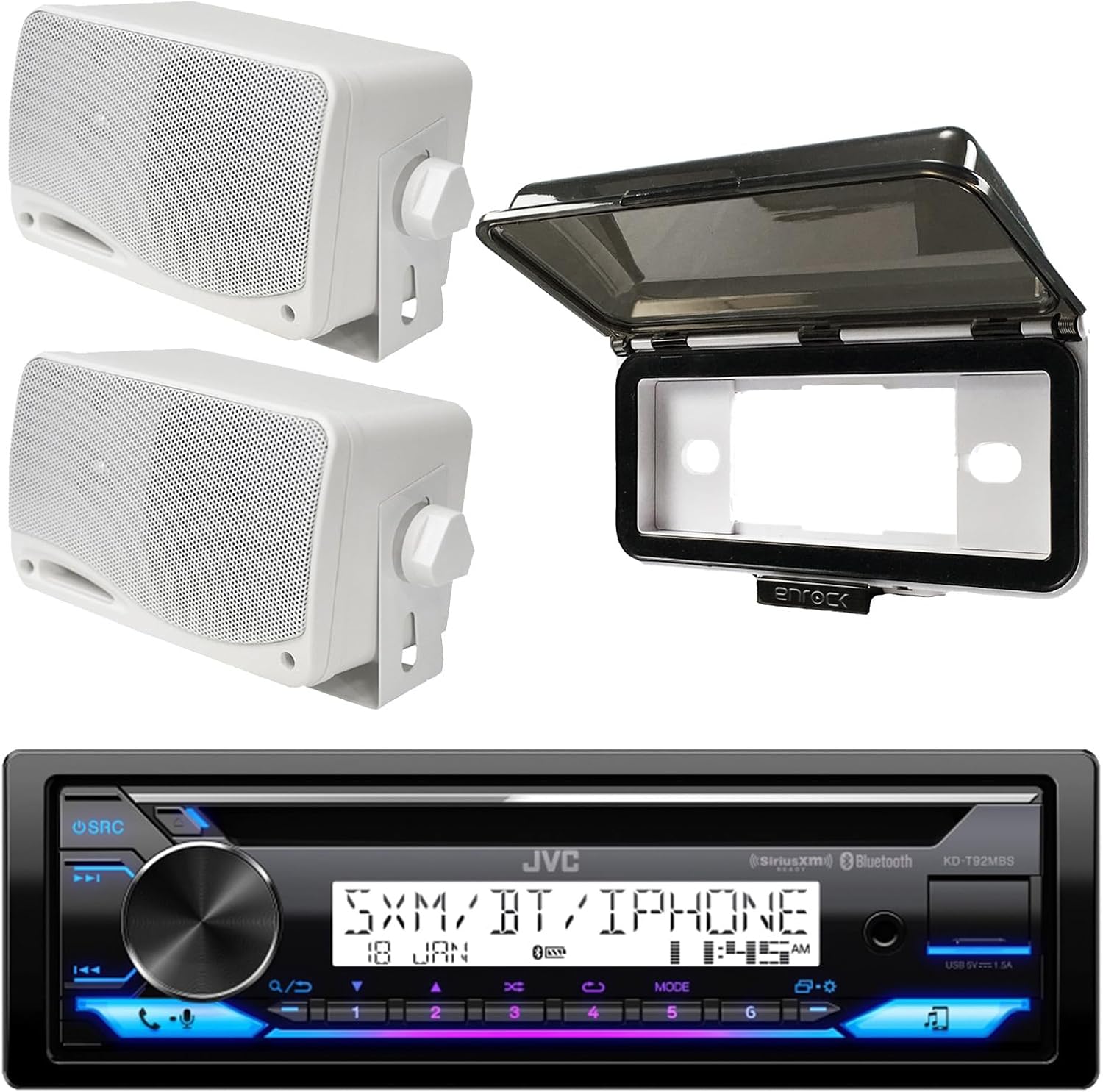 JVC Single DIN in-Dash Marine USB Bluetooth CD Player Stereo Receiver with White Radio Cover, 2X 3.5 3-Way Weatherproof White Box Speakers