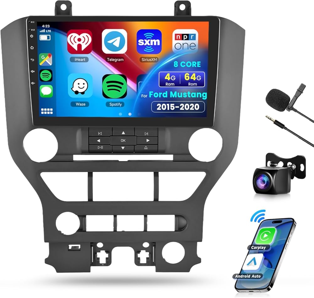 8 CORE 4G+64G Car Radio Stereo for Ford Mustang 2015-2020 with Wireless CarPlay Android Auto, 9 Inch 1280 * 720P IPS Touch Screen Head Unit Android 13 GPS WiFi Bluetooth 32-Band DSP SWC HD Camera
