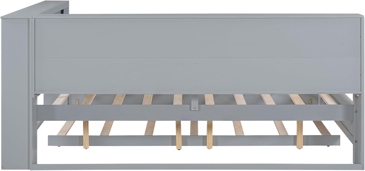 Wooden Twin Daybed with Trundle and Storage Shelf, Twin Size Daybed Frame with Charging Station, for Bedroom, Guest Room Grey (Product D)